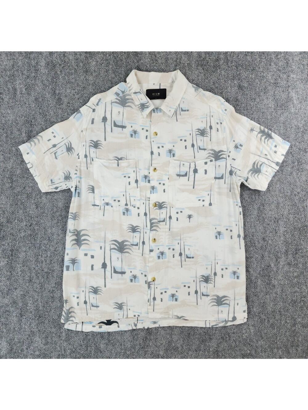 NEUW Shirt Mens Medium White Tropical Short Sleeve Button Up Camp Loop Collar